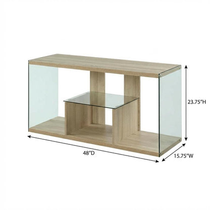 Weathered White TV Stand with Tempered Glass and Particle Board Surface