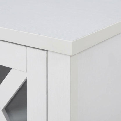 White TV stand with storage cabinets and open shelves for 55-inch TVs