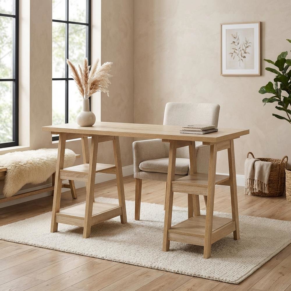 Modern Distressed Wood Desk With Shelves, Mdf And Melamine Construction
