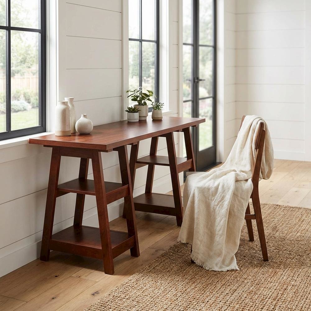 Modern Double Trestle Desk With Shelves In Distressed Finish