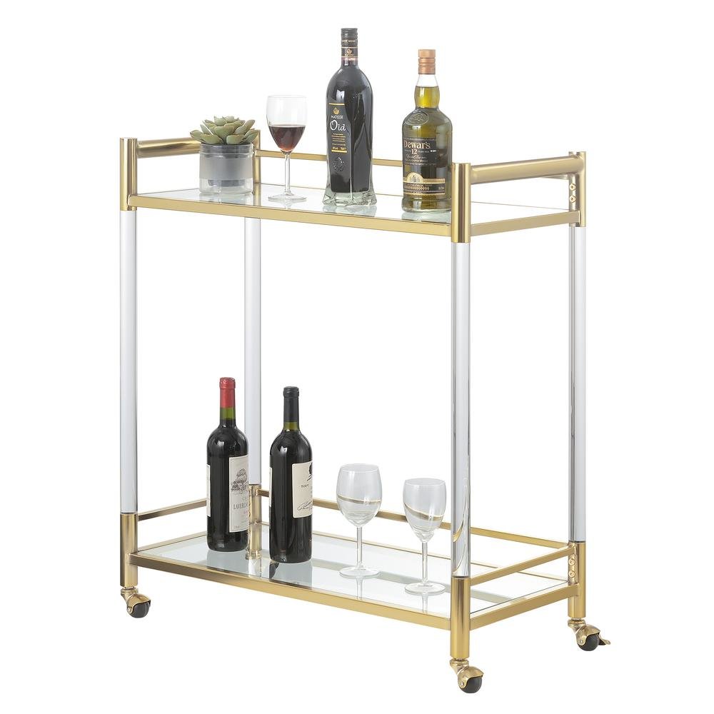 Bar Cart with 2 Tiers of Glass, Acrylic Legs, Locking Casters in Gold Chrome