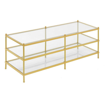 3-Tier Coffee Table Rectangular Shape, Clear Glass, Gold Frame, Metal Furniture