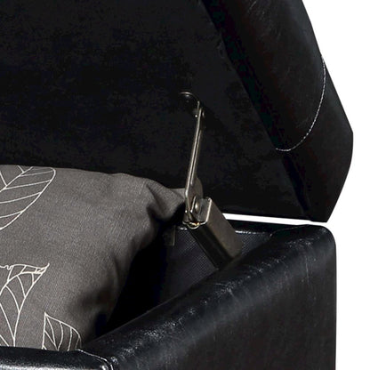 Storage Bench Ottoman Footrest in Black Faux Leather, Button Tufted