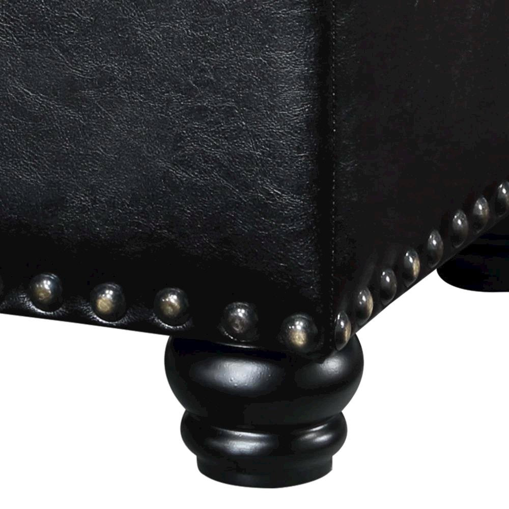 Storage Bench Ottoman Footrest in Black Faux Leather, Button Tufted