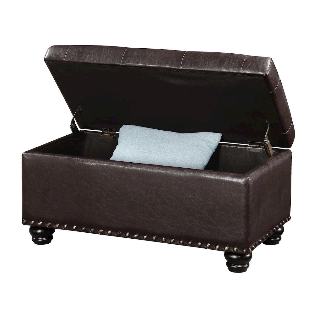 Storage Ottoman Bench Vegan Leather in Brown, Nailhead Accent, 35.5-inch