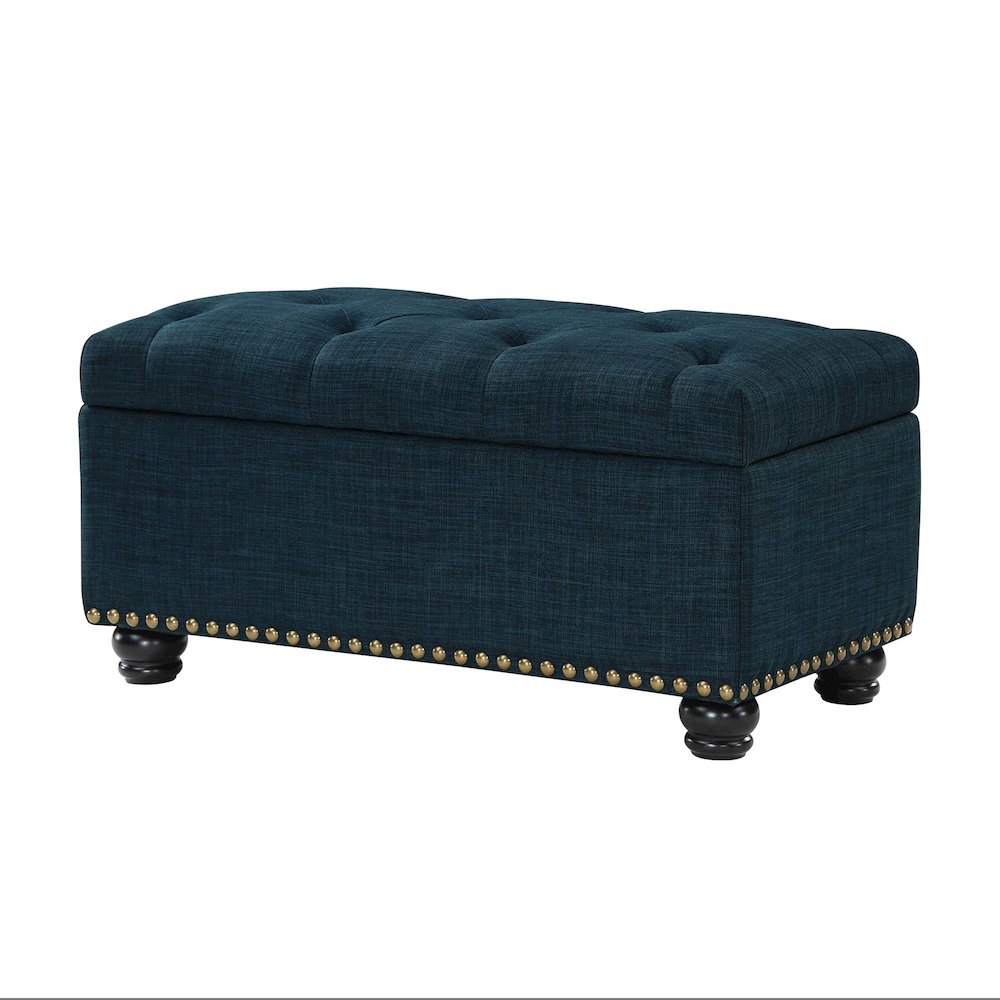 Storage Bench Ottoman in Blue Fabric, Button Tufted, Sturdy Base, 35.5-inch