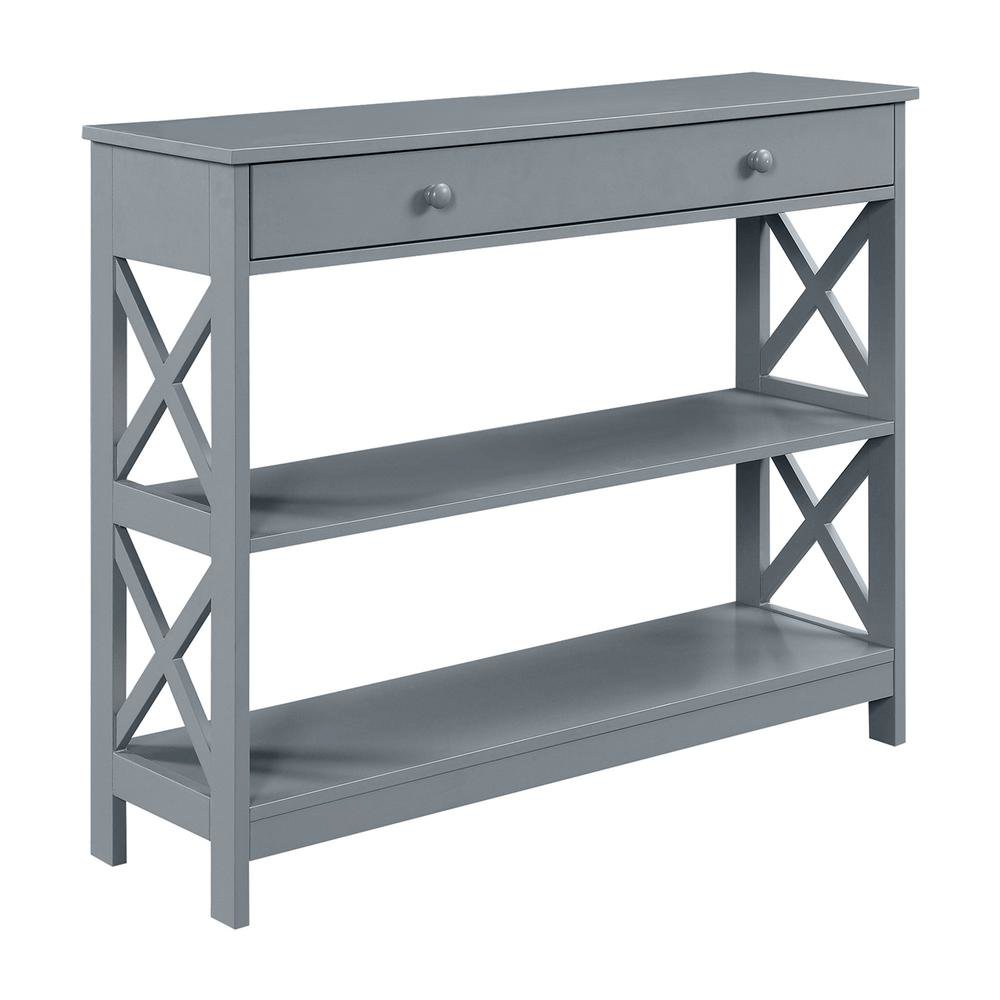Console Table with 1 Drawer and 3 Tiers of Shelving, Gray Wood, 12-inch Depth