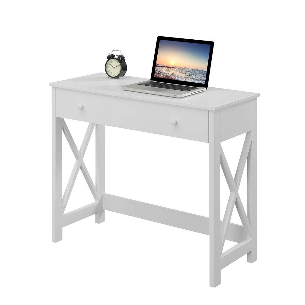 36-inch Office Desk Transitional Style, White Wood, Two Drawer Knobs