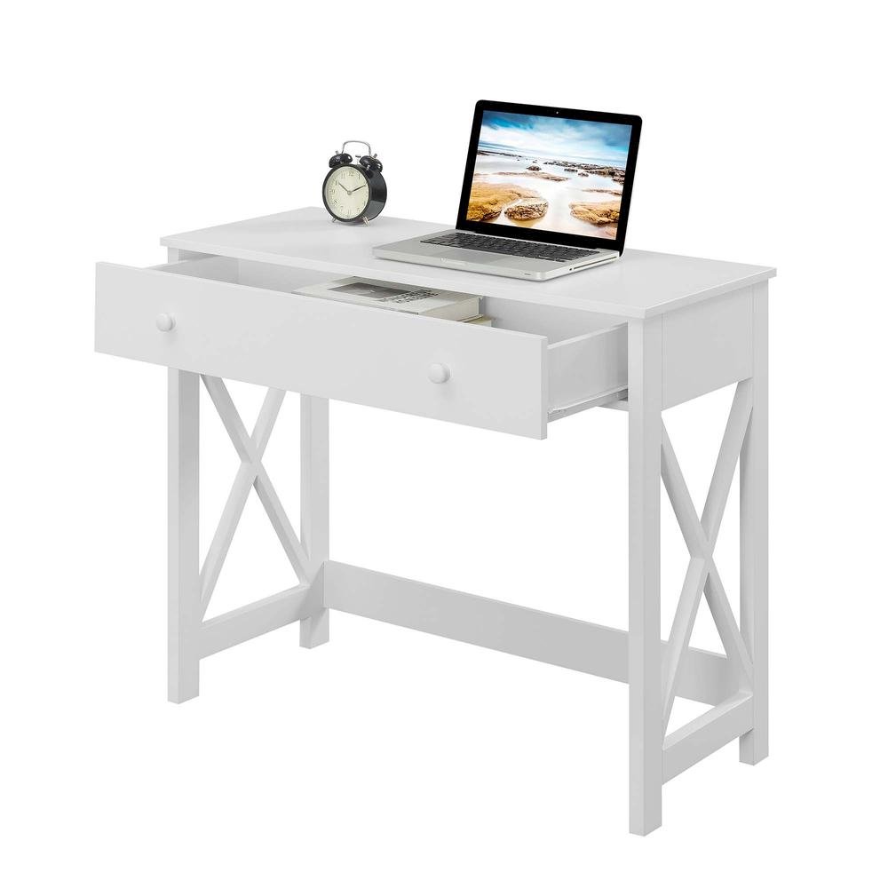 36-inch Office Desk Transitional Style, White Wood, Two Drawer Knobs