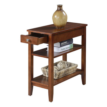Chairside End Table with 3 Shelving Tiers, Red Wood, Drawer for Concealed Items