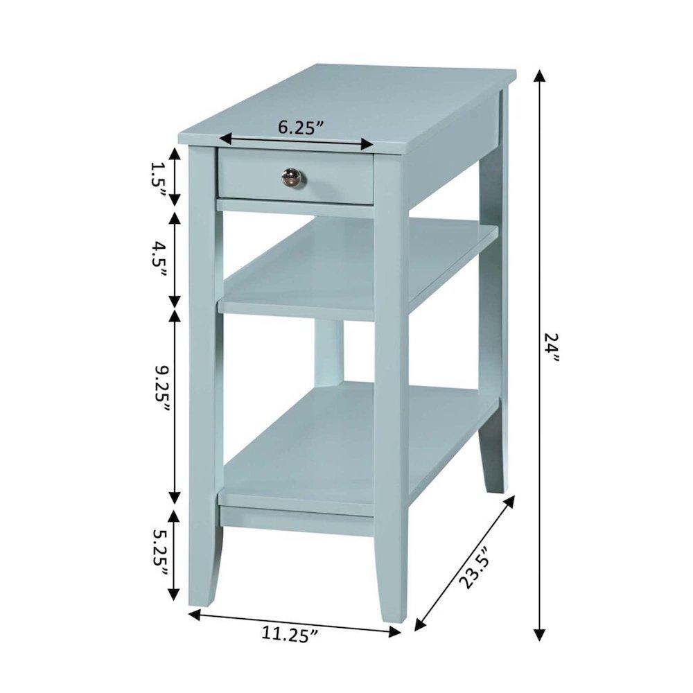 Chairside End Table with Drawer, 3 Shelves, Blue Wood Finish, Nickel Knob Detail