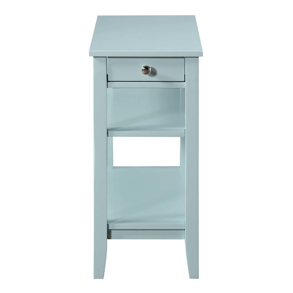 Chairside End Table with Drawer, 3 Shelves, Blue Wood Finish, Nickel Knob Detail