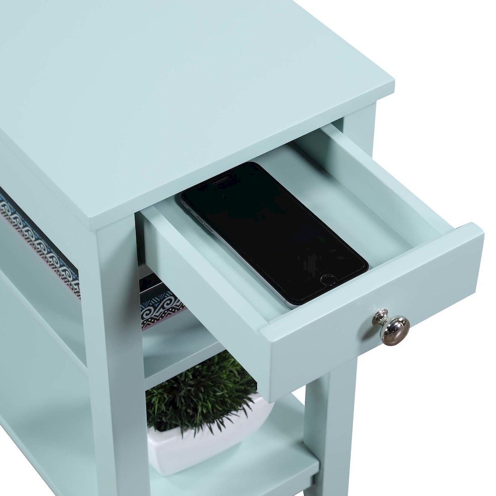 Chairside End Table with Drawer, 3 Shelves, Blue Wood Finish, Nickel Knob Detail