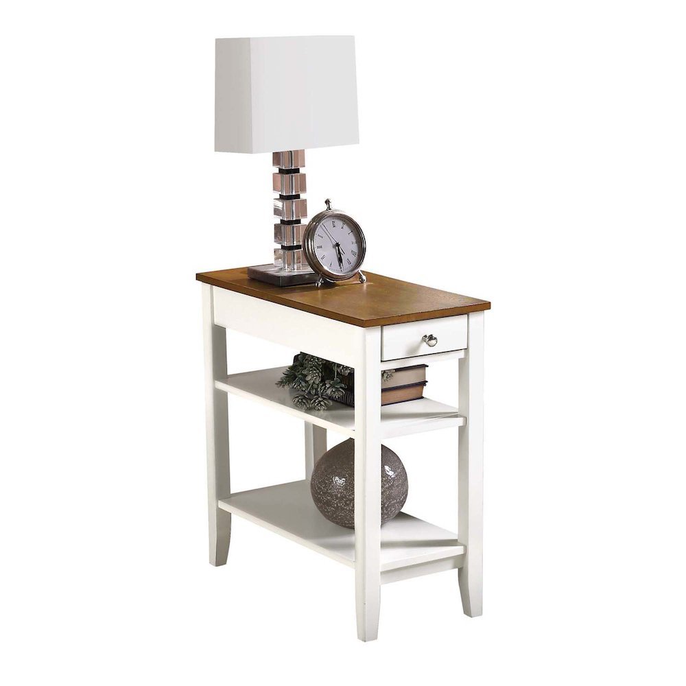 Chairside End Table, Brown, Drawer, Three Tier Shelf, Narrow
