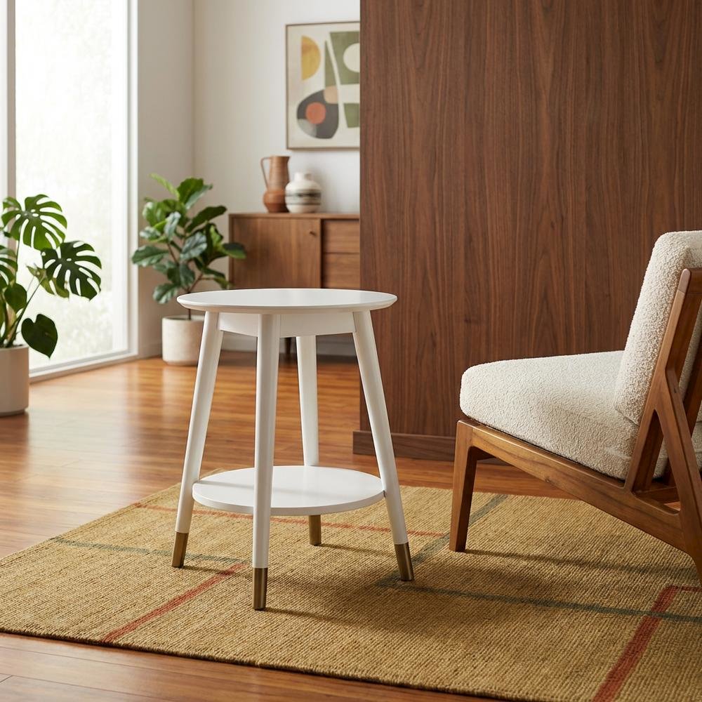 Mid Century Round End Table with Bottom Shelf for Living Room and Lounge