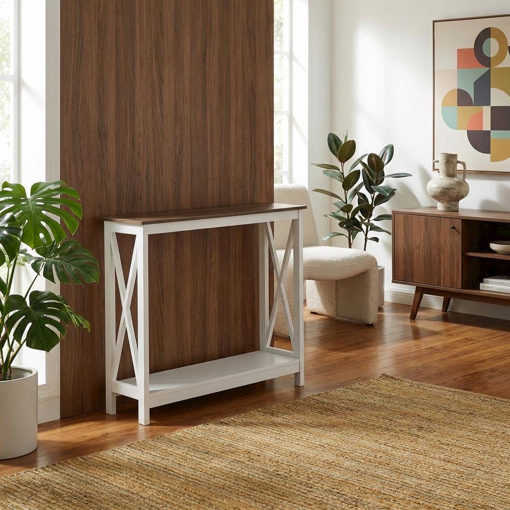 Black Wood Console Table with Lower Shelf for Living Room Storage