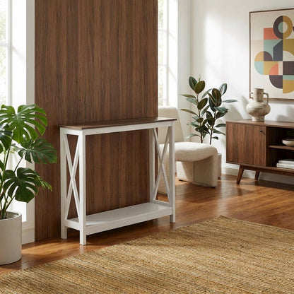 Black Wood Console Table with Lower Shelf for Living Room Storage