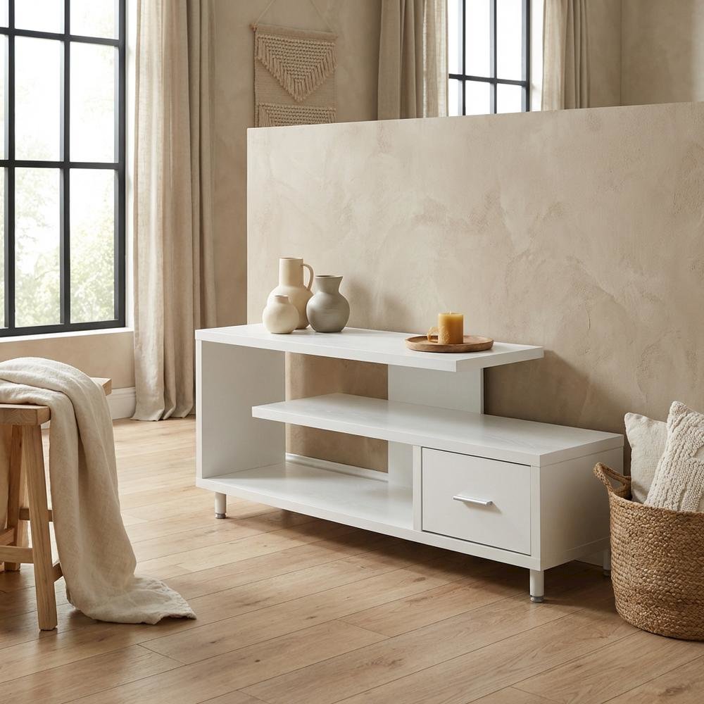 White 1-Drawer TV Stand with Shelves for TVs Up to 65 Inches, Contemporary Style
