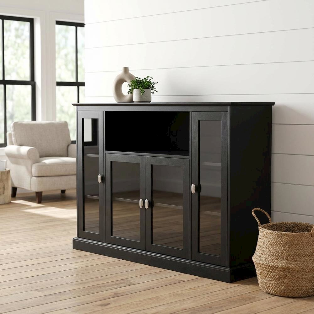Black Highboy TV Stand with Storage Cabinets and Shelves for 55-Inch TVs