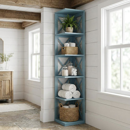 Corner bookcase in sleek finish with five sturdy tiers for versatile storage
