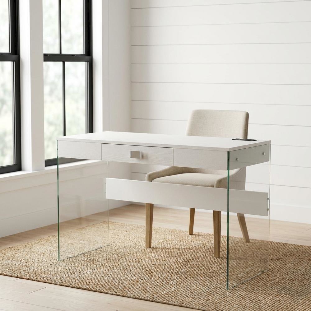 White 42 Inch Glass Desk With Built-In Charging Station And Modern Design
