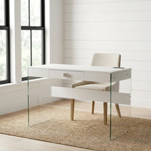 White 42 Inch Glass Desk With Built-In Charging Station And Modern Design