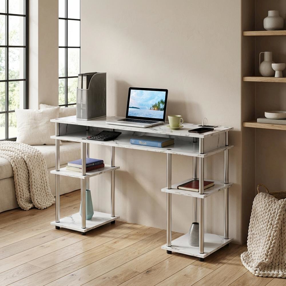 White Marble Student Desk, Integrated Charging Station For Efficient Workspace
