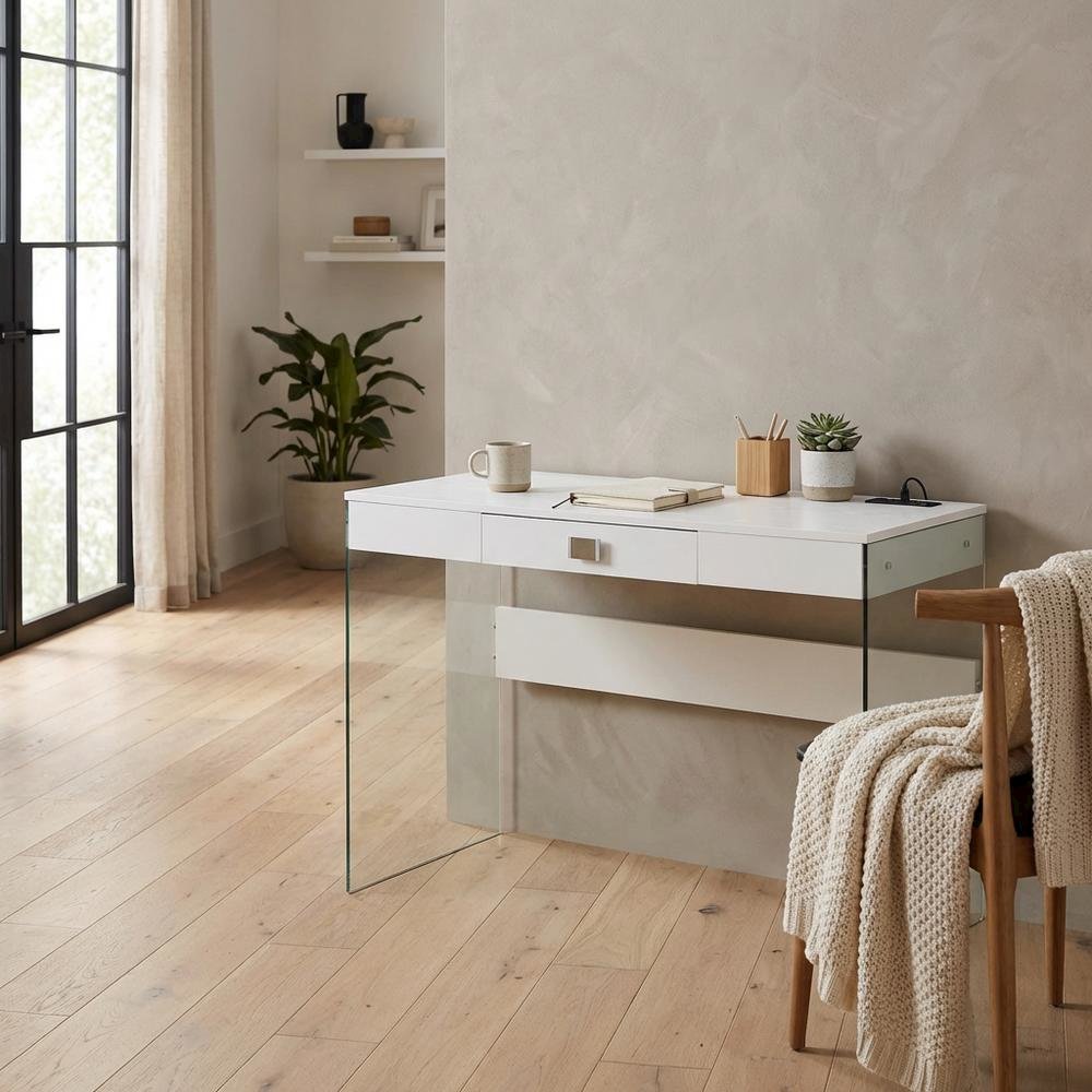 White 42 Inch Glass Desk With Built-In Charging Station And Modern Design
