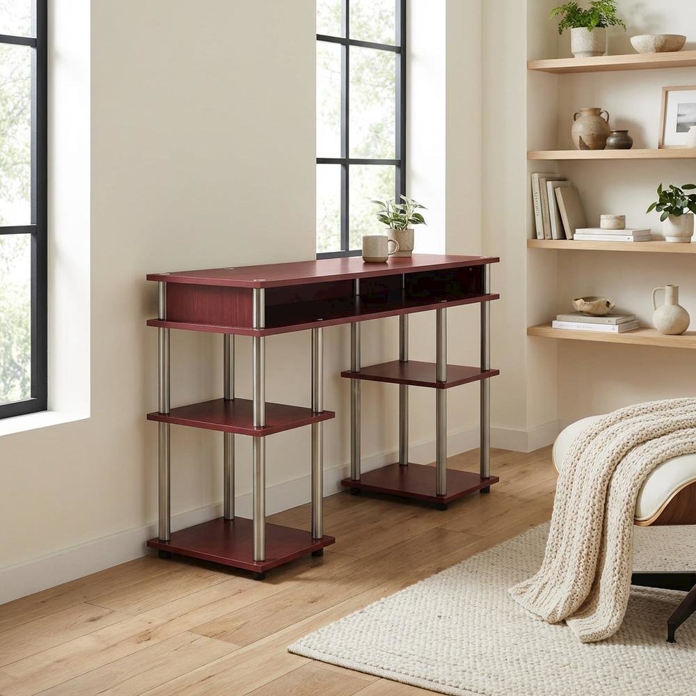 Wooden Student Desk, Shelves, Melamine Veneer And Steel Finish For Workspace