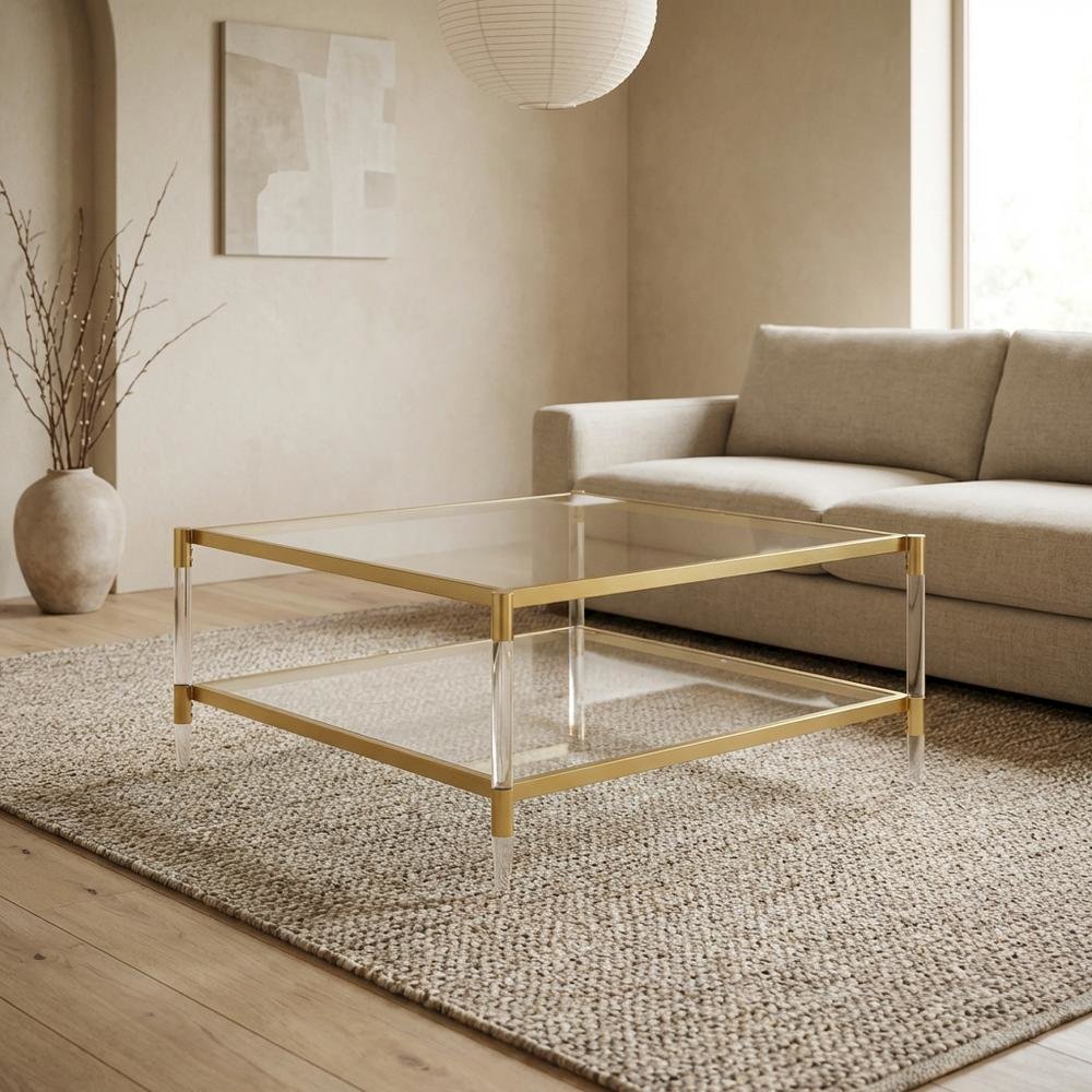 Clear Acrylic Square Coffee Table with 2 Tiers and Contemporary Style