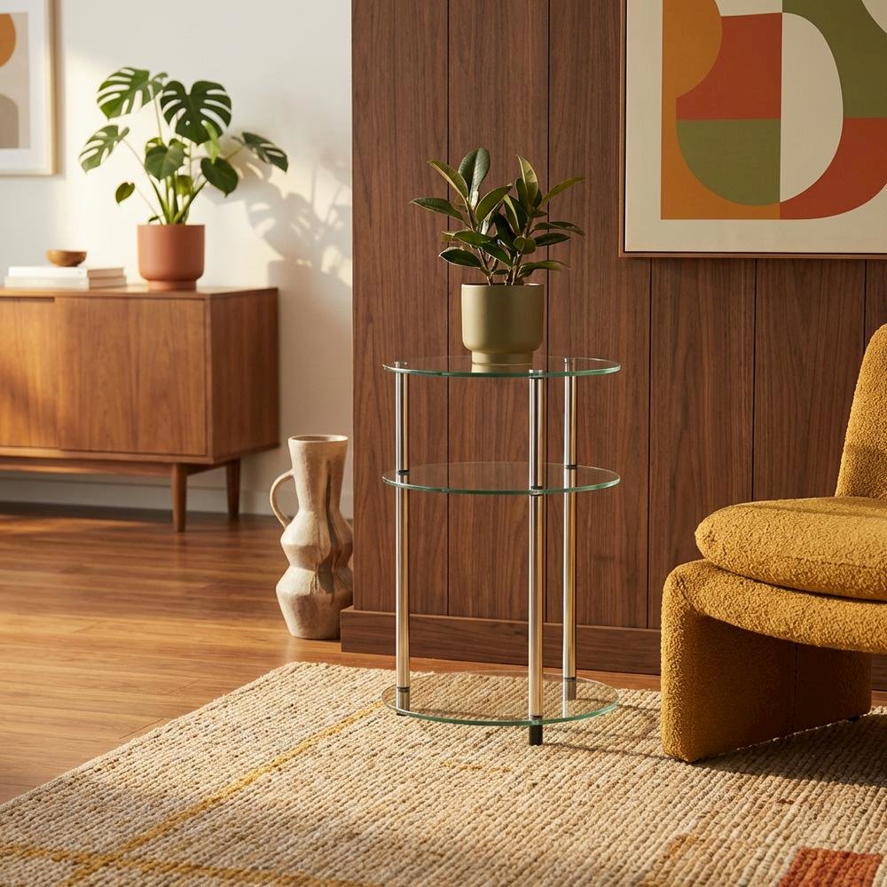 Round Glass Accent Table with 3 Tiers for Living Room and Lounge Spaces