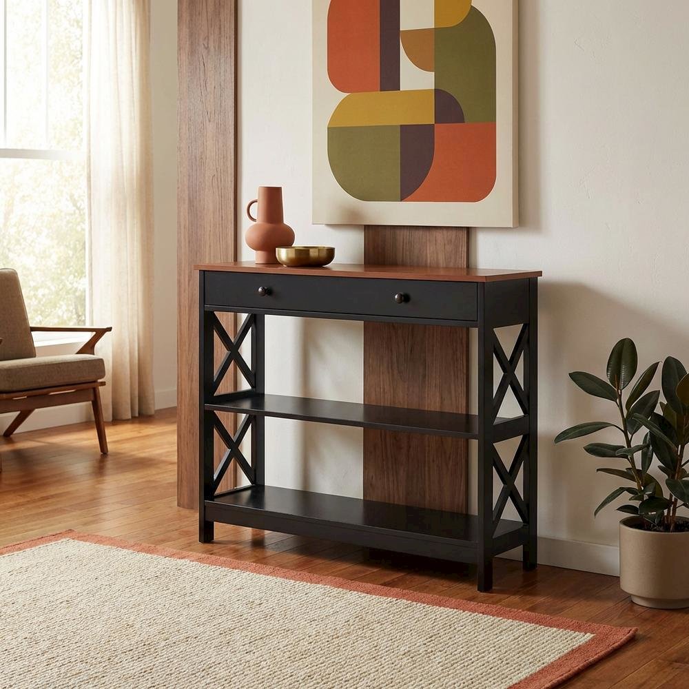 Wooden 1-Drawer Console Table with Shelves and Modern Design
