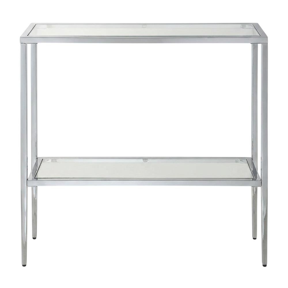 Gray Glass Chrome Hall Table with Lower Shelf, Slim Metal Frame, Modern