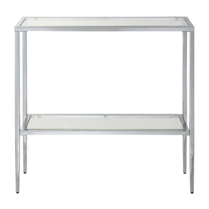 Gray Glass Chrome Hall Table with Lower Shelf, Slim Metal Frame, Modern