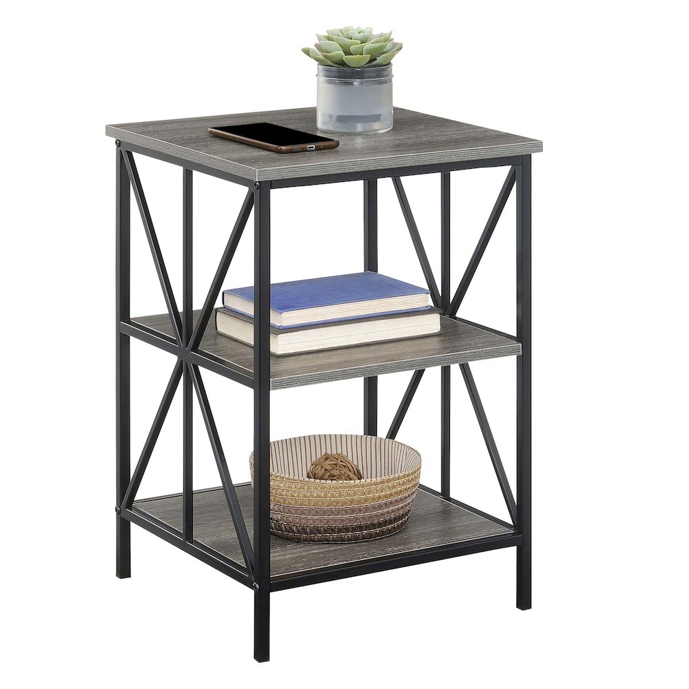 Tucson Starburst End Table with Shelves, Weathered Gray/Black