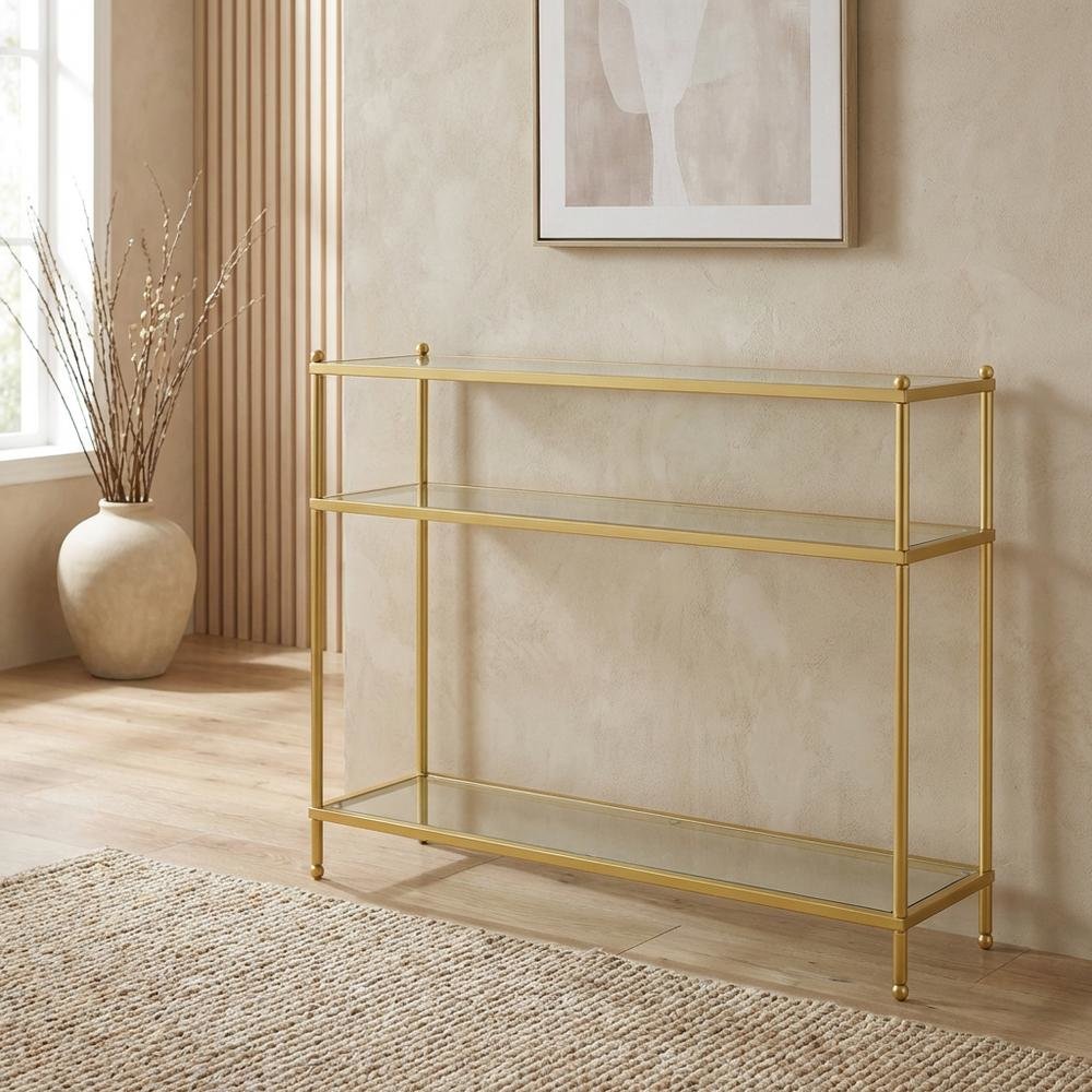 Glass console table with three tiers, modern design for versatile use