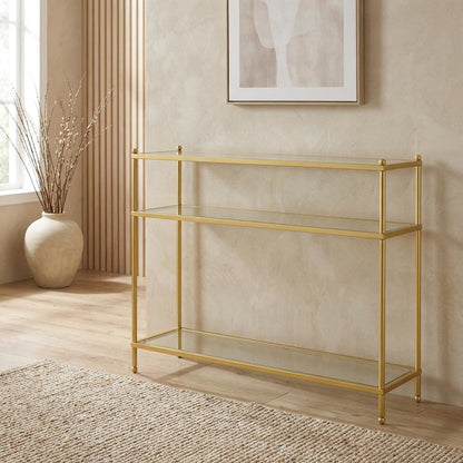 Glass console table with three tiers, modern design for versatile use