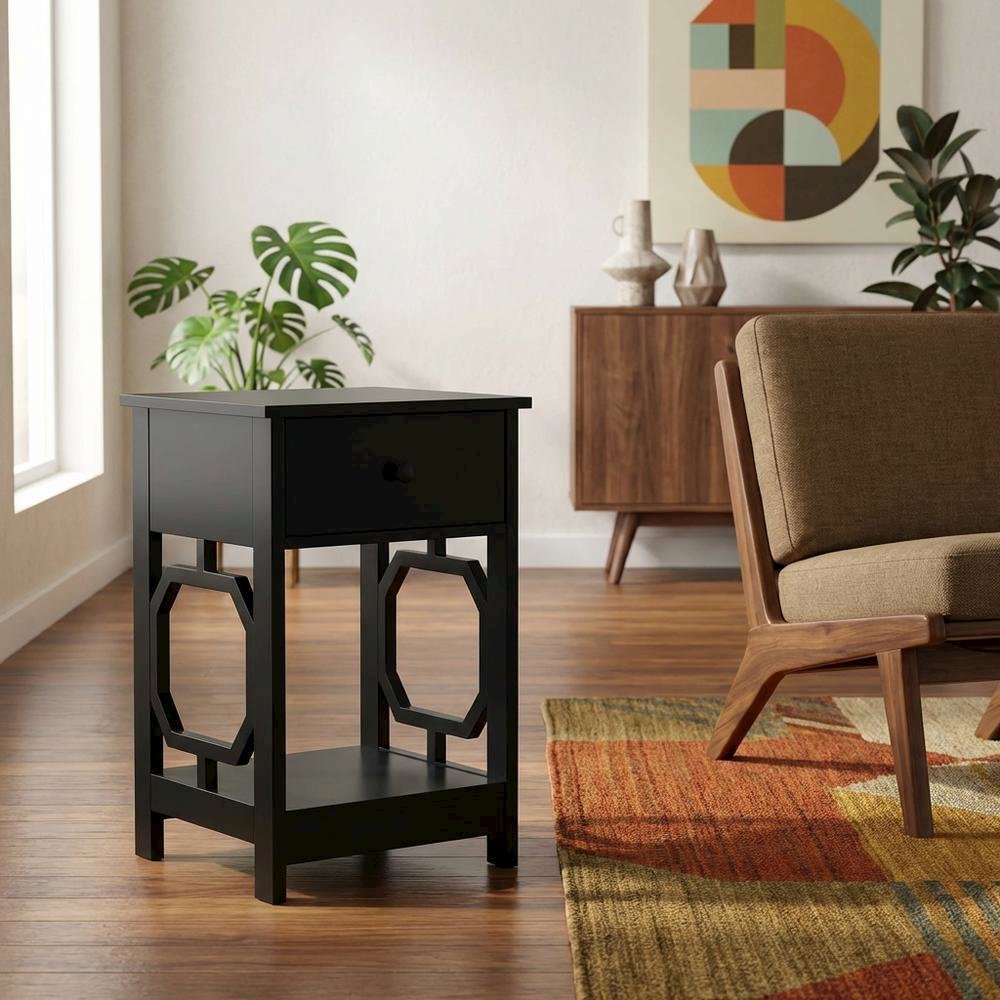 Black end table with single drawer for versatile living space use