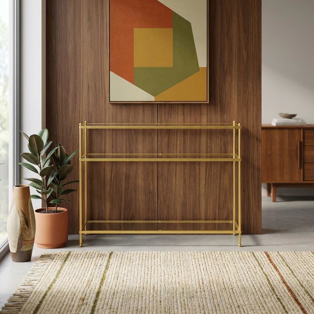 Glass console table with three tiers, modern design for versatile use