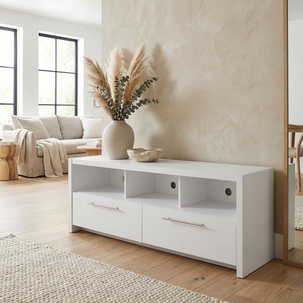 White TV Stand with Cabinets and Shelves for TVs up to 65 Inches