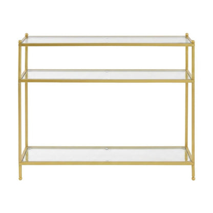 Glass console table with three tiers, modern design for versatile use