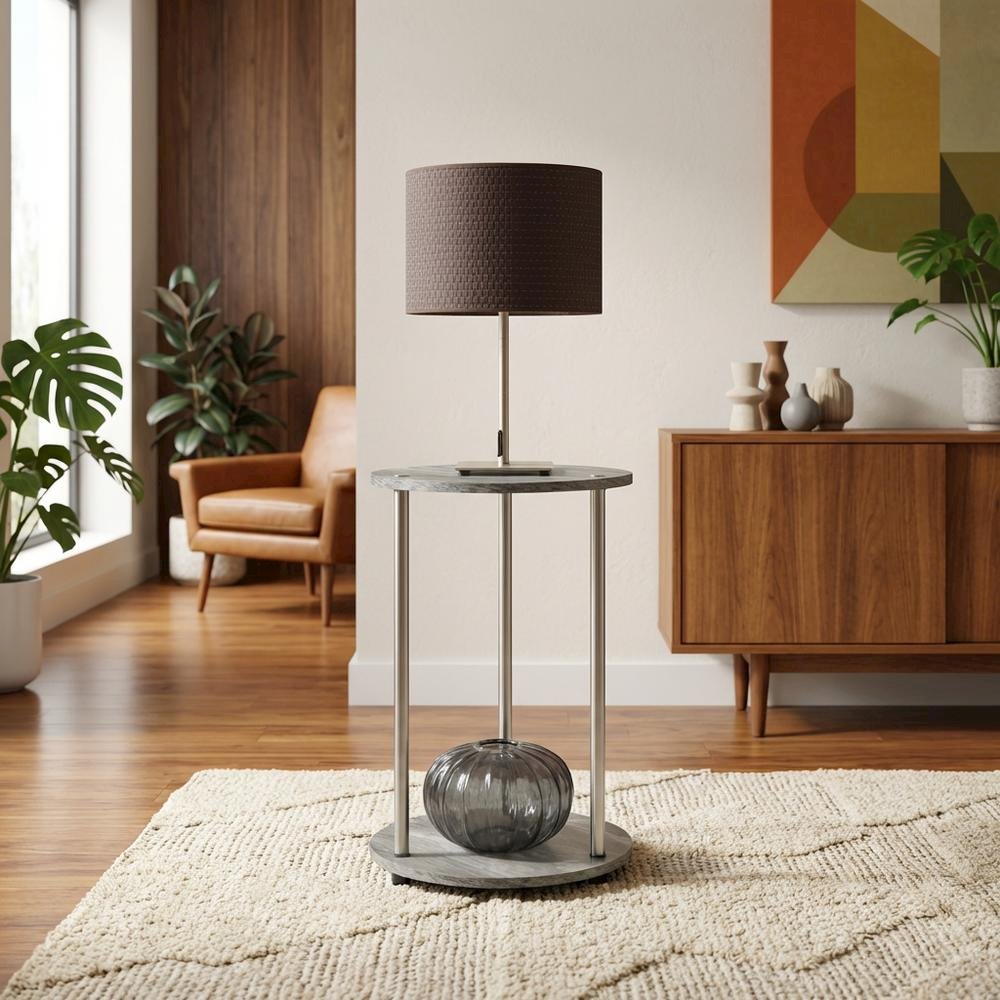 Round End Table with Faux Gray Marble Finish and Chrome Frame