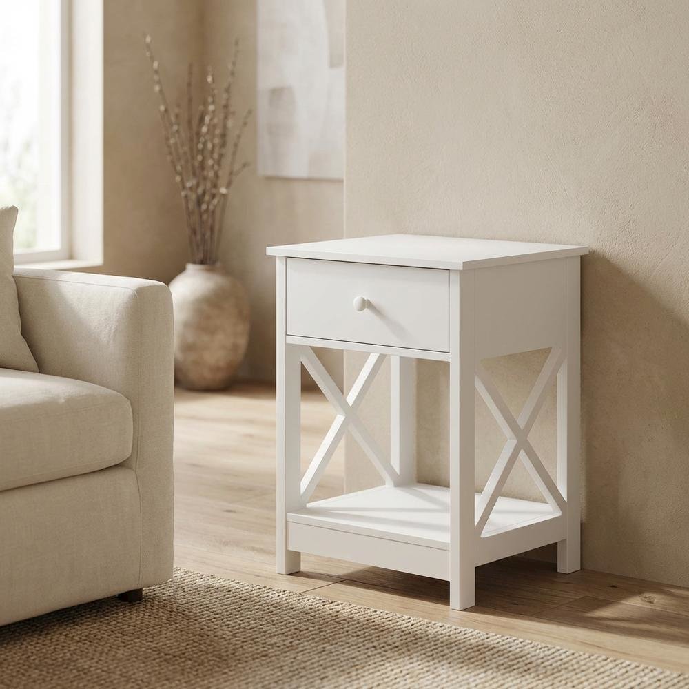 White 1-Drawer End Table with Modern Square Design