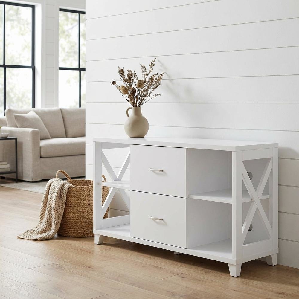White Oxford Deluxe TV Stand, 2 Drawers, Shelves, Up to 55-Inch Screens