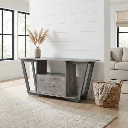 Gray TV stand with single drawer and shelf for 65-inch TVs, powder-coated metal
