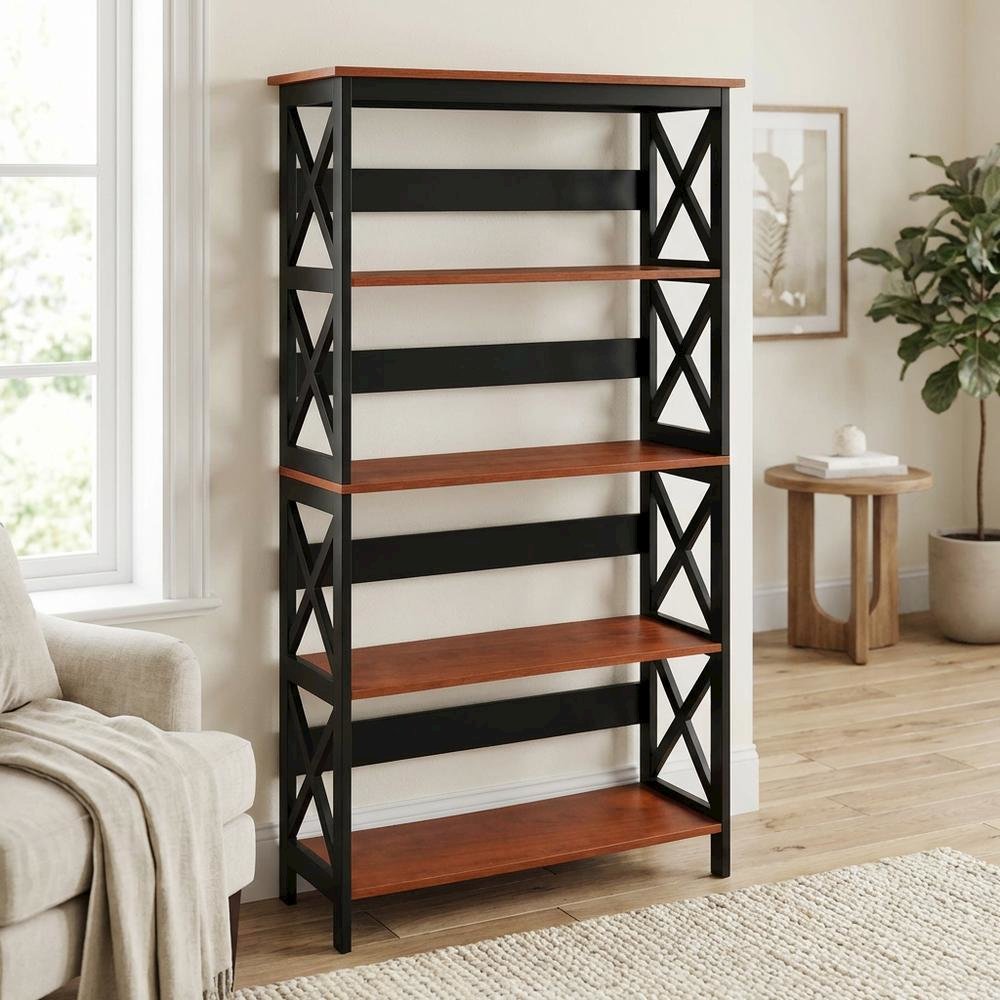 Wooden 5-Tier Bookcase with Durable Non-Lead Base Paint for Home Office Storage