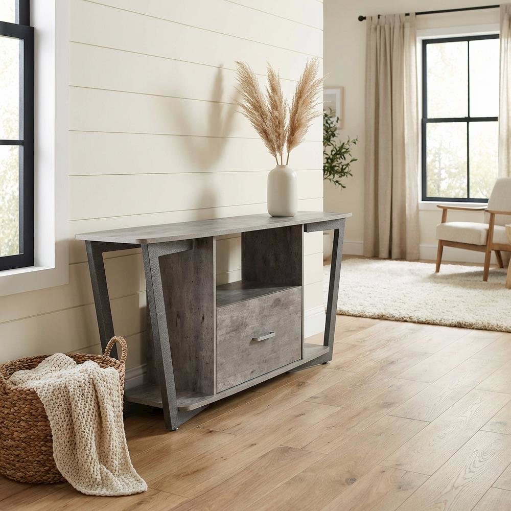 Gray TV stand with single drawer and shelf for 65-inch TVs, powder-coated metal