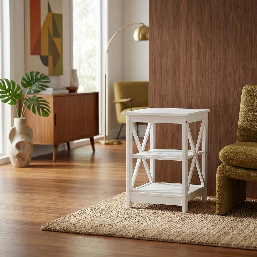 White end table with shelves, transitional coastal style, stylish and functional