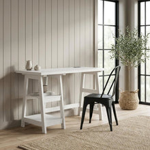 White Trestle Desk With Built-In Charging Station And Melamine Surface