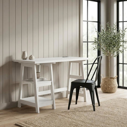 White Trestle Desk With Built-In Charging Station And Melamine Surface